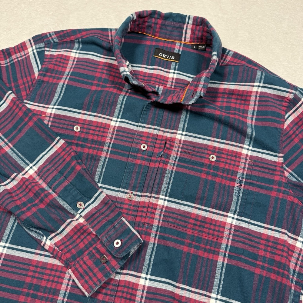 Orvis Flannel Plaid Shirt Mens Large Pockets Cotton Outdoors Fishing Hiking